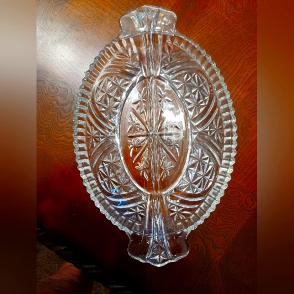 Vintage crystal cut glass divided relish tray